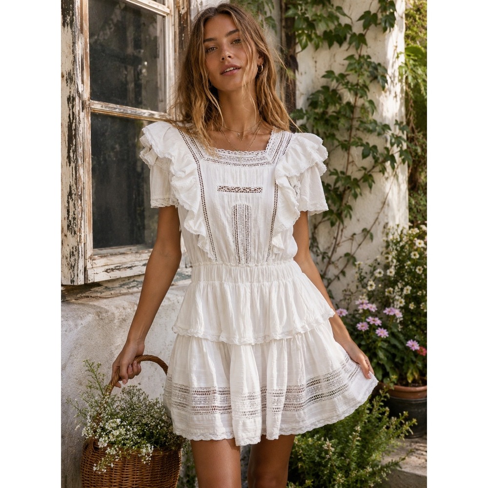 Olivaceous White Lace Ruffle Mini Dress Medium Cottagecore Boho Babydoll